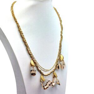 Anthropologie Serefina Dancing Feathers layered Gold-Tone Beaded Statement Neckl